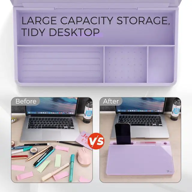 Alt view image 4 of 5 - Small Compact Glass Desktop Whiteboard with Storage 12 x 7 in Dry Erase Board for Desk, Home Office, School | Includes 5 Markers, Eraser & Holder | Space-Saving Organizer, Aesthetic Lavender