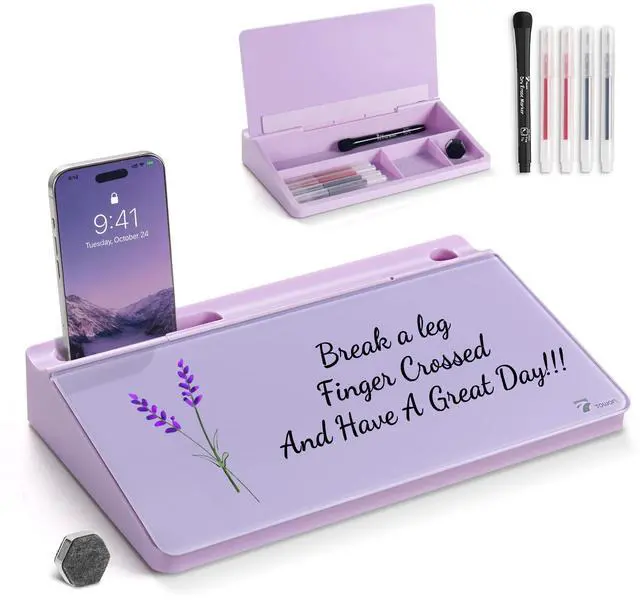Main image of Small Compact Glass Desktop Whiteboard with Storage 12 x 7 in Dry Erase Board for Desk, Home Office, School | Includes 5 Markers, Eraser & Holder | Space-Saving Organizer, Aesthetic Lavender