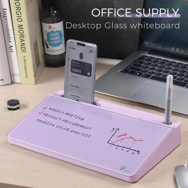 Alt view image 2 of 5 - Small Compact Glass Desktop Whiteboard with Storage 12 x 7 in Dry Erase Board for Desk, Home Office, School | Includes 5 Markers, Eraser & Holder | Space-Saving Organizer, Aesthetic Lavender