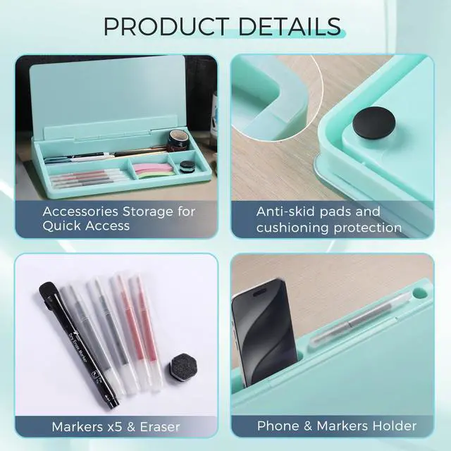Alt view image 3 of 6 - Small Compact Glass Desktop Whiteboard with Storage 12 x 7 in Dry Erase Board for Desk, Home Office, School | Includes 5 Markers, Eraser & Holder | Space-Saving Organizer, Aesthetic Teal Blue