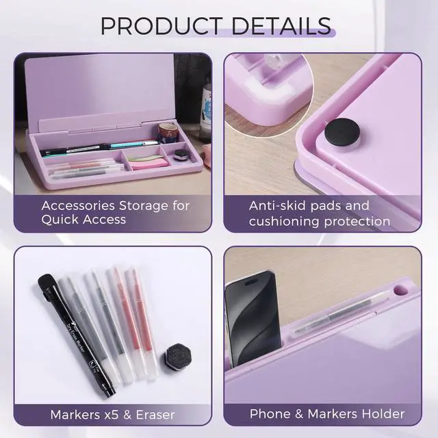 Alt view image 3 of 5 - Small Compact Glass Desktop Whiteboard with Storage 12 x 7 in Dry Erase Board for Desk, Home Office, School | Includes 5 Markers, Eraser & Holder | Space-Saving Organizer, Aesthetic Lavender