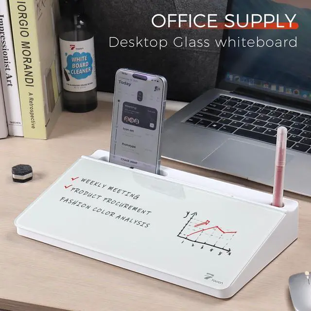 Alt view image 2 of 6 - Small Compact Glass Desktop Whiteboard with Storage 12 x 7 in Dry Erase Board for Desk, Home Office, School | Includes 5 Markers, Eraser & Holder | Space-Saving Organizer, Aesthetic White