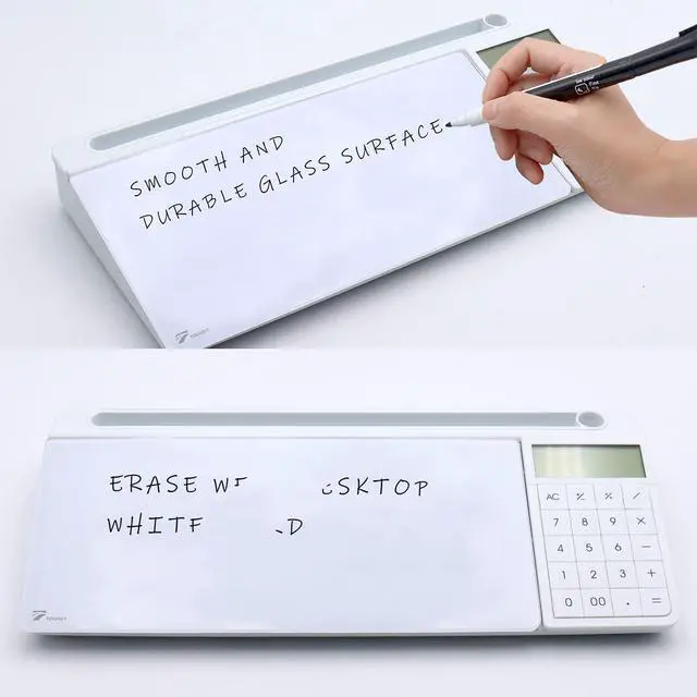 Alt view image 5 of 7 - Desktop Glass Whiteboard with Basic Calculator, 12 Digit LCD Display, Desk Organizers with Accessories for Office, Home, School Supplies, Storage with Dry Erase Board Surface, White, 18'' x 6''