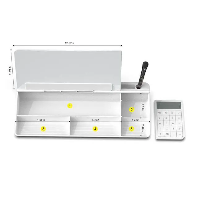 Alt view image 7 of 7 - Desktop Glass Whiteboard with Basic Calculator, 12 Digit LCD Display, Desk Organizers with Accessories for Office, Home, School Supplies, Storage with Dry Erase Board Surface, White, 18'' x 6''