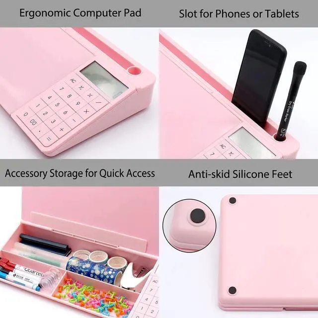 Alt view image 3 of 7 - Desk Dry Erase Board with Detachable Calculator, Small Glass Desktop Whiteboard, Desktop whiteboard - Glass Dry Erase White Board- Desk Computer Buddy for Home Office Supply, Pink, 17 x 6 in