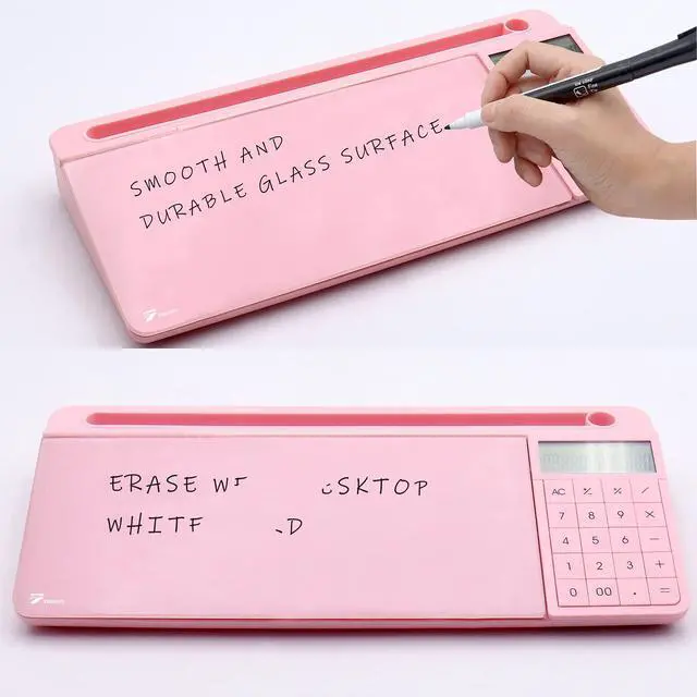 Alt view image 5 of 7 - Desk Dry Erase Board with Detachable Calculator, Small Glass Desktop Whiteboard, Desktop whiteboard - Glass Dry Erase White Board- Desk Computer Buddy for Home Office Supply, Pink, 17 x 6 in