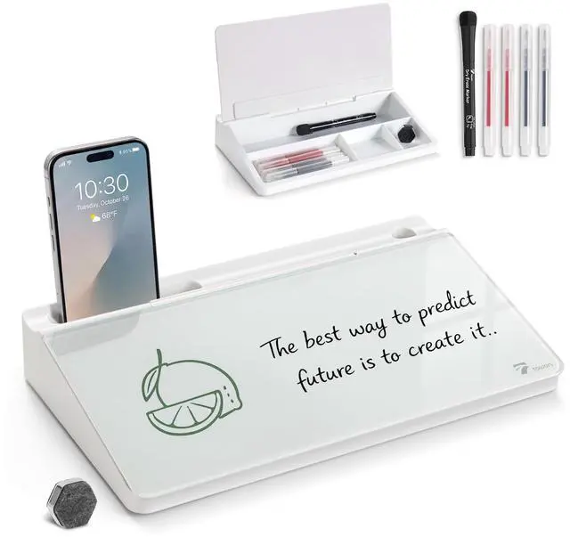 Main image of Small Compact Glass Desktop Whiteboard with Storage 12 x 7 in Dry Erase Board for Desk, Home Office, School | Includes 5 Markers, Eraser & Holder | Space-Saving Organizer, Aesthetic White