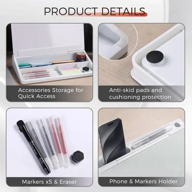 Alt view image 3 of 6 - Small Compact Glass Desktop Whiteboard with Storage 12 x 7 in Dry Erase Board for Desk, Home Office, School | Includes 5 Markers, Eraser & Holder | Space-Saving Organizer, Aesthetic White