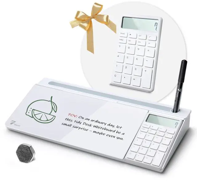 Main image of Desktop Glass Whiteboard with Basic Calculator, 12 Digit LCD Display, Desk Organizers with Accessories for Office, Home, School Supplies, Storage with Dry Erase Board Surface, White, 18'' x 6''