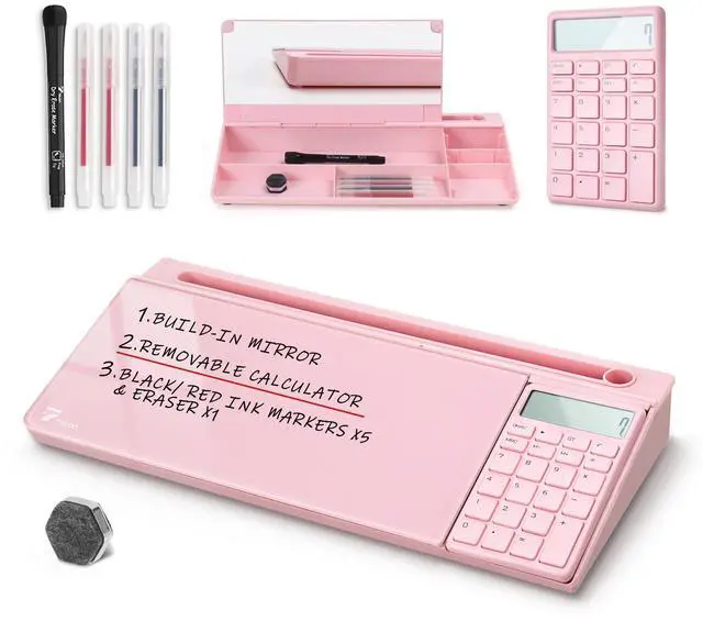 Main image of Desk Dry Erase Board with Detachable Calculator, Small Glass Desktop Whiteboard, Desktop whiteboard - Glass Dry Erase White Board- Desk Computer Buddy for Home Office Supply, Pink, 17 x 6 in