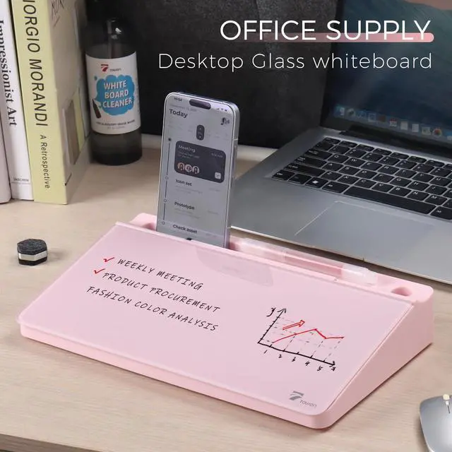 Alt view image 2 of 6 - Small Compact Glass Desktop Whiteboard with Storage 12 x 7 in Dry Erase Board for Desk, Home Office, School | Includes 5 Markers, Eraser & Holder | Space-Saving Organizer, Aesthetic Pink