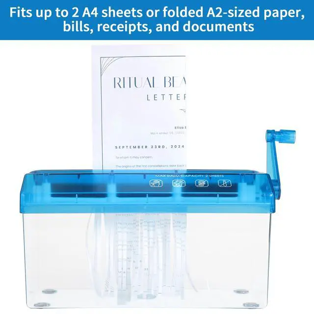 Alt view image 3 of 6 - A4 Paper Manual Shredder - Blue Portable Mini Paper Grinder Capacity 3L for A4 Files Documents Straight Cutting Tool Home Office Desktop Supplies WD23BL