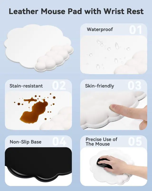 Alt view image 4 of 7 - Cloud Wrist Rest for Keyboard and Mouse for Desktop, PU Leather Cloud Computer Keyboard Stand with Mouse Pad, Key Board Wrist Support Riser, Angle Adjustable Arm Rest(White)
