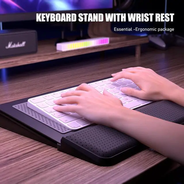 Alt view image 2 of 6 - Computer Keyboard Stand with Wrist Rest & Storage Tray - Acrylic Keyboard Riser for Office Desk Accessories Decor, Ergonomic Keyboard Holder for Home Comfortable Typing - Fits All Keyboard Sizes