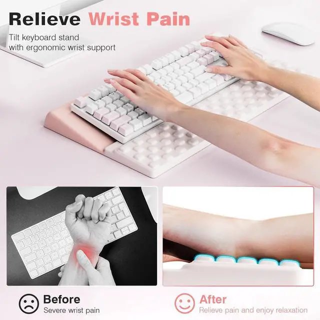 Alt view image 2 of 6 - Keyboard Wrist Rest, Ergonomic Memory Foam Wrist Support for Typing & Gaming, Tilted Keyboard Pad, Aesthetic Desk Accessories for Office, Relief for Carpal Tunnel & Wrist Pain, Pink White