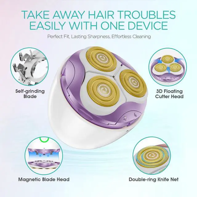 Alt view image 4 of 7 - Electric Shaver for Women 3D Floating Blade Rotary Razor Hair Remover for Arms, Legs and Underarms Rechargeable Portable and Safe Wet and Dry Use, Purple ES300