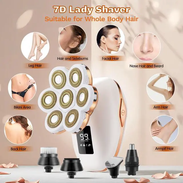 Alt view image 2 of 7 - Electric Razors for Women, 7D Electric Shaver for Women, 5 in 1 Lady Shavers, Wet/Dry Bikini Trimmer, Rechargeable Facial Hair Removal, Painless Face Razor for Arms Legs Armpit Pubic Area
