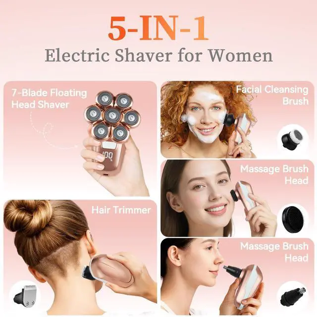 Alt view image 3 of 7 - Electric Razors for Women, 5-in-1 Electric Shaver with 7D Magnetic Head, IPX7 Waterproof Wet Dry Hair Remover with LED Display, Travel Lock for Body Face Underarms Bikini Legs (Rose Gold)