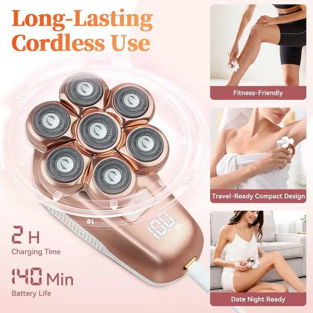 Alt view image 5 of 7 - Electric Razors for Women, 5-in-1 Electric Shaver with 7D Magnetic Head, IPX7 Waterproof Wet Dry Hair Remover with LED Display, Travel Lock for Body Face Underarms Bikini Legs (Rose Gold)