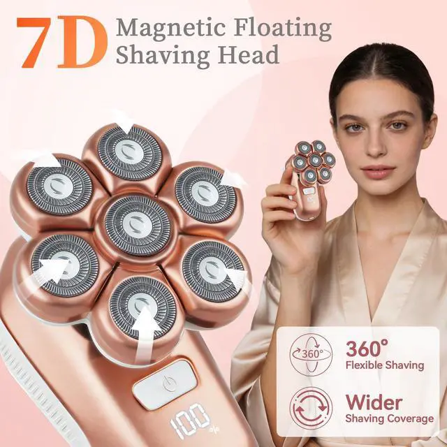 Alt view image 2 of 7 - Electric Razors for Women, 5-in-1 Electric Shaver with 7D Magnetic Head, IPX7 Waterproof Wet Dry Hair Remover with LED Display, Travel Lock for Body Face Underarms Bikini Legs (Rose Gold)