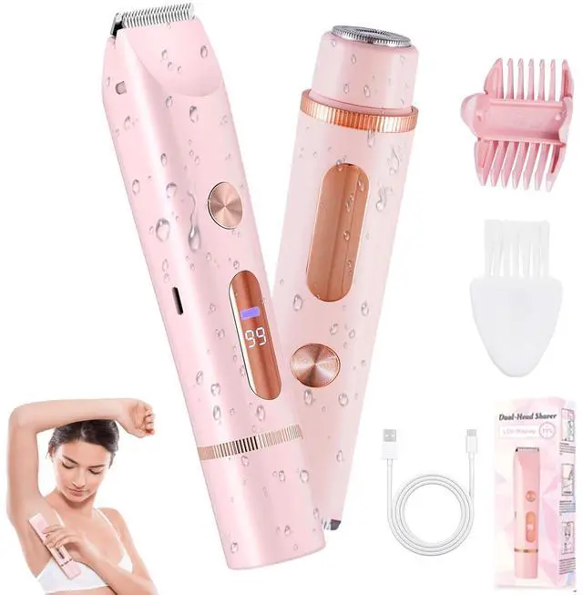 Main image of 2 in 1 Bikini Trimmer for Women, Dual Head Electric Shaver with LED Display, IPX7 Waterproof Body Pubic Hair Trimmer Rechargeable Womens Electric Razor for Armpit Leg Body Facial Wet & Dry Use