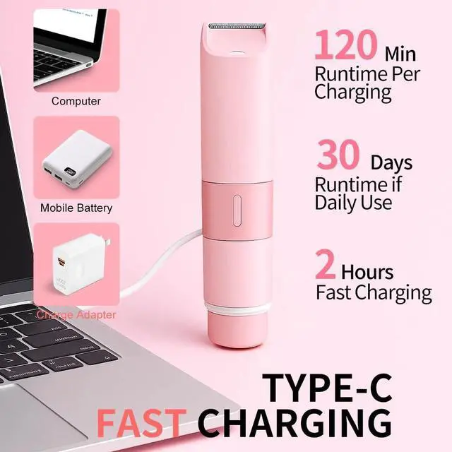 Alt view image 7 of 7 - Bikini Trimmer for Women - 2 in 1 Electric Razors for Women Painless IPX7 Waterproof Rechargeable LED Dual Head Electric Shaver for Lady Bikini Underarm, Body, Leg, Face Hair Remove (Pink)