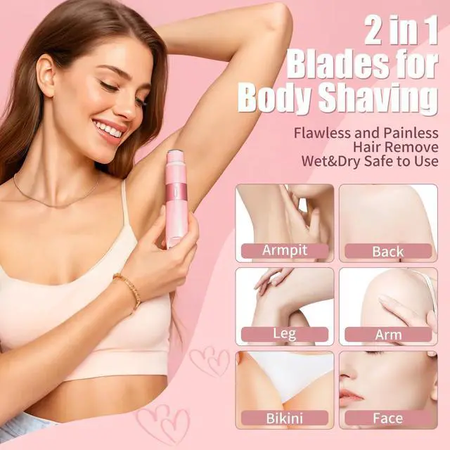 Alt view image 2 of 7 - Bikini Trimmer for Women - 2 in 1 Electric Razors for Women Painless IPX7 Waterproof Rechargeable LED Dual Head Electric Shaver for Lady Bikini Underarm, Body, Leg, Face Hair Remove (Pink)
