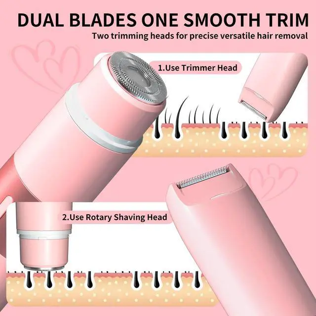 Alt view image 6 of 7 - Bikini Trimmer for Women - 2 in 1 Electric Razors for Women Painless IPX7 Waterproof Rechargeable LED Dual Head Electric Shaver for Lady Bikini Underarm, Body, Leg, Face Hair Remove (Pink)