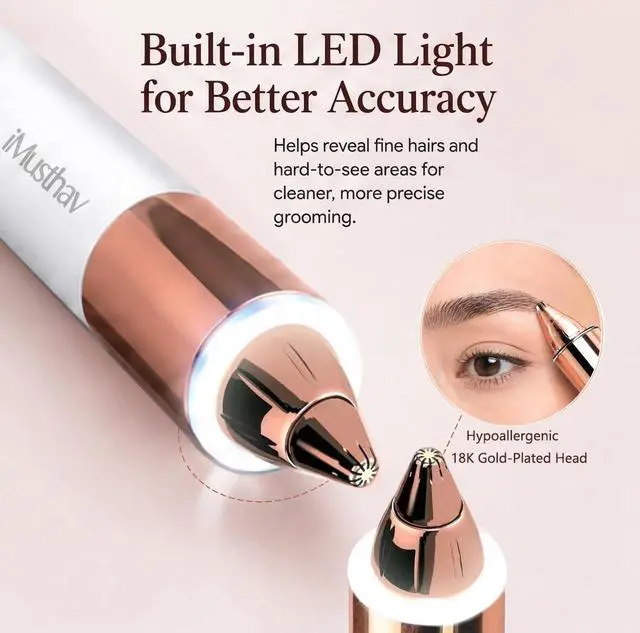 Alt view image 3 of 7 - Eyebrow Trimmer for Women, Precise & Painless Eyebrow Razor with LED Light, Electric Facial Hair Remover for Flawless Brows, Lip & Face, Battery Operated, Travel-Friendly, Gold-Plated Design