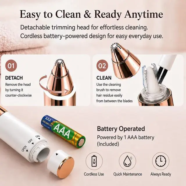 Alt view image 5 of 7 - Eyebrow Trimmer for Women, Precise & Painless Eyebrow Razor with LED Light, Electric Facial Hair Remover for Flawless Brows, Lip & Face, Battery Operated, Travel-Friendly, Gold-Plated Design