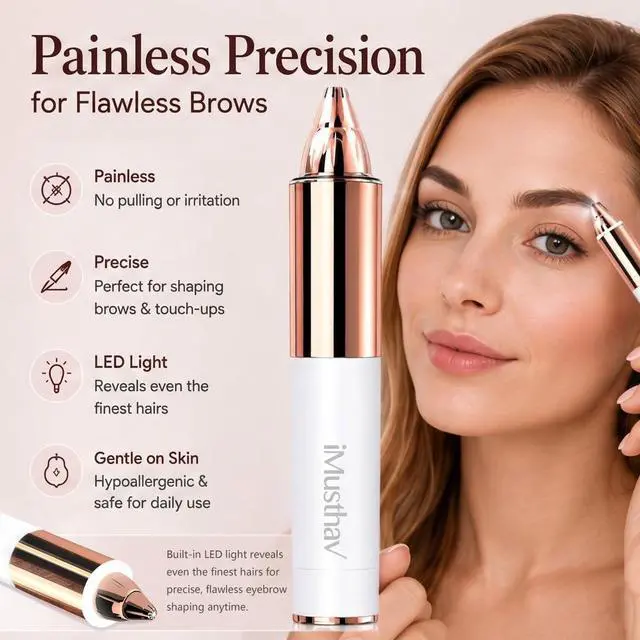 Alt view image 2 of 7 - Eyebrow Trimmer for Women, Precise & Painless Eyebrow Razor with LED Light, Electric Facial Hair Remover for Flawless Brows, Lip & Face, Battery Operated, Travel-Friendly, Gold-Plated Design