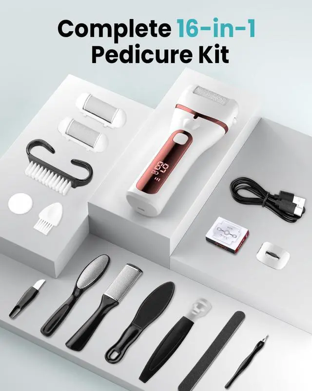 Alt view image 6 of 7 - Foot Callus Remover Electric 10000 RPM 3-Speed IPX7 Recharge Pedicure Kit for Hard Skin Women & Men Portable Multi-Roller File Grinder Sander Scrubber, LED Display for Wet & Dry Mathers Day Gift
