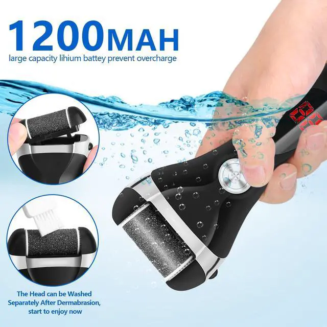 Alt view image 3 of 7 - Electric Foot Callus Remover Kit, Rechargeable Pedicure Tools Foot Care Feet File with 3 Roller Heads,2 Speed,Battery Display for Remove Cracked Heels Calluses and Dead Skin(Black)