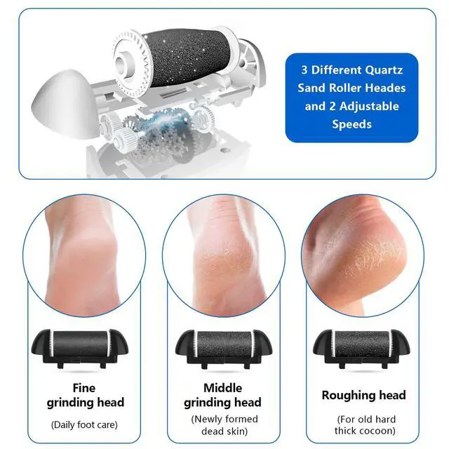 Alt view image 5 of 7 - Electric Foot Callus Remover Kit, Rechargeable Pedicure Tools Foot Care Feet File with 3 Roller Heads,2 Speed,Battery Display for Remove Cracked Heels Calluses and Dead Skin(Black)