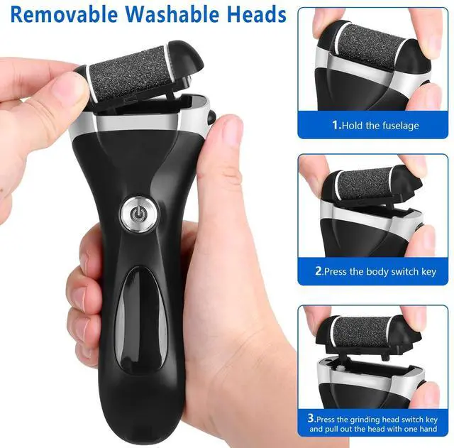 Alt view image 6 of 7 - Electric Foot Callus Remover Kit, Rechargeable Pedicure Tools Foot Care Feet File with 3 Roller Heads,2 Speed,Battery Display for Remove Cracked Heels Calluses and Dead Skin(Black)