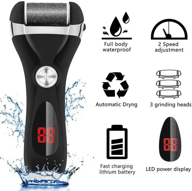 Alt view image 2 of 7 - Electric Foot Callus Remover Kit, Rechargeable Pedicure Tools Foot Care Feet File with 3 Roller Heads,2 Speed,Battery Display for Remove Cracked Heels Calluses and Dead Skin(Black)