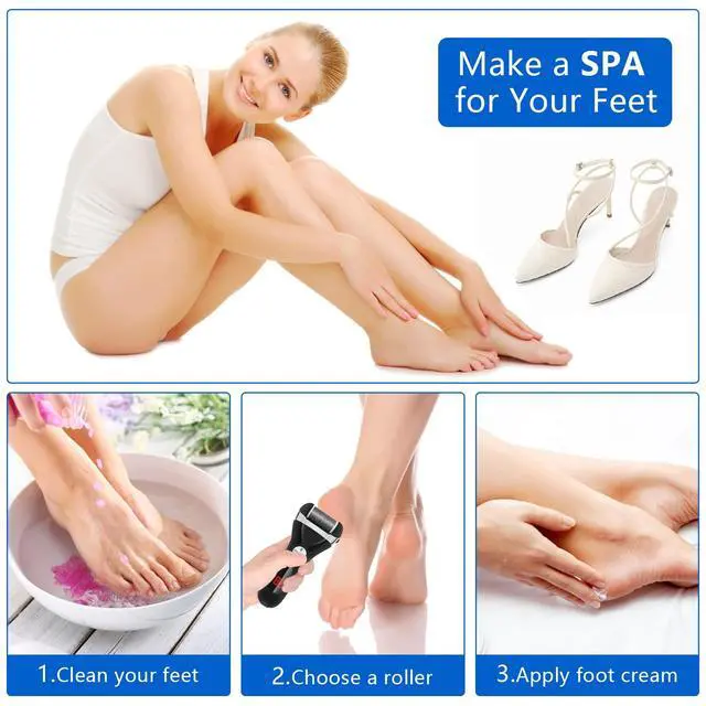 Alt view image 7 of 7 - Electric Foot Callus Remover Kit, Rechargeable Pedicure Tools Foot Care Feet File with 3 Roller Heads,2 Speed,Battery Display for Remove Cracked Heels Calluses and Dead Skin(Black)