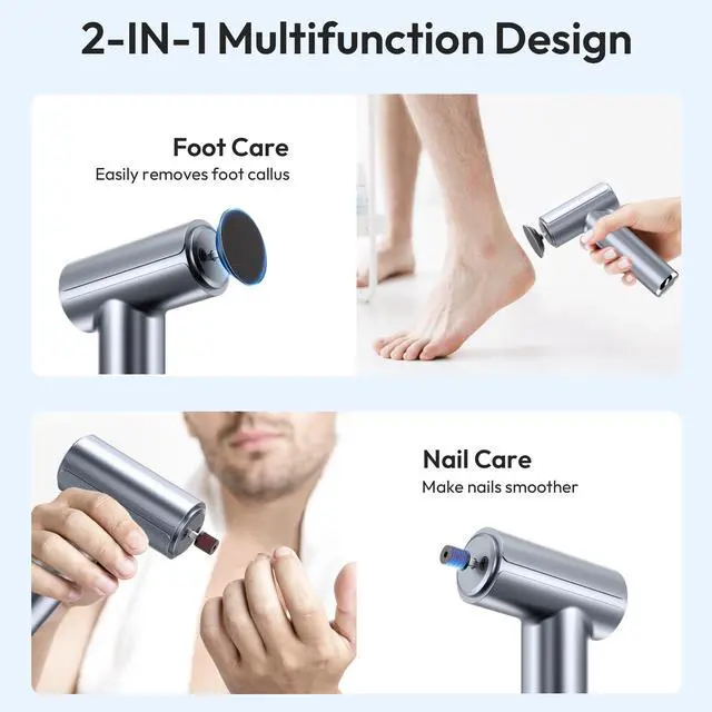 Alt view image 3 of 7 - Electric Foot Callus Remover, 2-in-1 Rechargeable Portable Electric Foot File with 70pcs Sandpaper, Professional Pedicure Tools for Dead Skin, Hard Cracked, Dry Skin - Grey&Blue