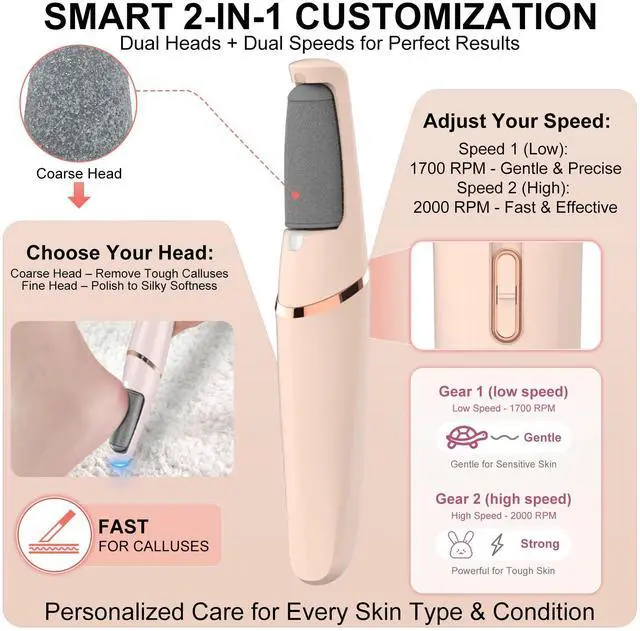 Alt view image 4 of 7 - Electric Foot File, Callus Remover for Feet - Rechargeable Pedicure Tool, 2 Speeds 1700/2000 RPM & 2 Heads for Dry & Dead Cracked Skin, Cordless Waterproof Hard Skin Removal, Home Pedicure Gift