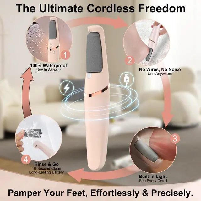 Alt view image 7 of 7 - Electric Foot File, Callus Remover for Feet - Rechargeable Pedicure Tool, 2 Speeds 1700/2000 RPM & 2 Heads for Dry & Dead Cracked Skin, Cordless Waterproof Hard Skin Removal, Home Pedicure Gift