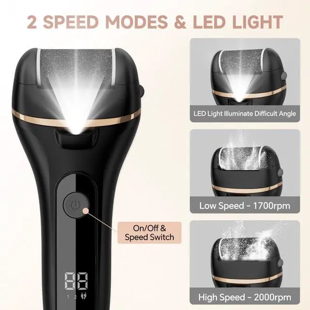 Alt view image 4 of 7 - Electric Callus Remover for Feet with 3 Rollers, Waterproof Electric Foot Callus Remover, Rechargeable Portable Foot Scrubber, Professional Pedicure Tools, Foot Care for Dry/Dead Skin, 2 Speed, Black