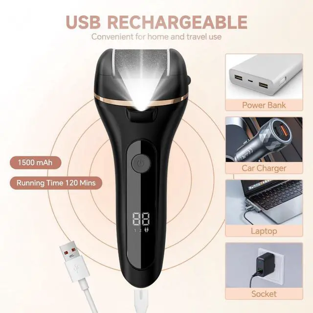 Alt view image 5 of 7 - Electric Callus Remover for Feet with 3 Rollers, Waterproof Electric Foot Callus Remover, Rechargeable Portable Foot Scrubber, Professional Pedicure Tools, Foot Care for Dry/Dead Skin, 2 Speed, Black