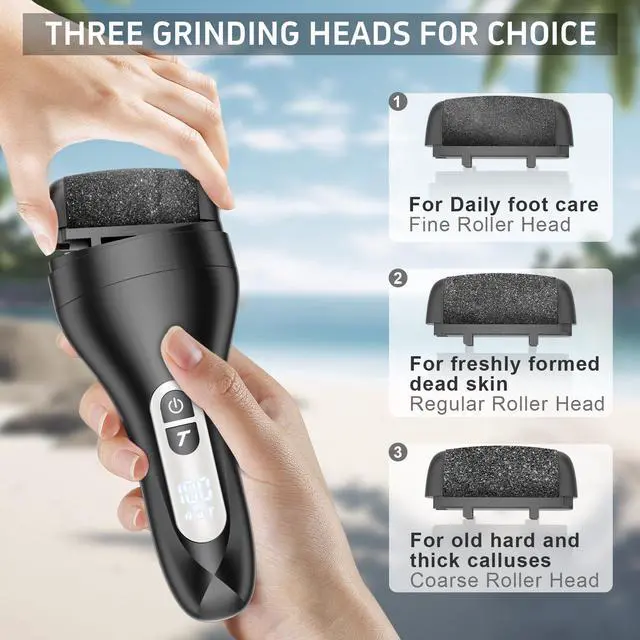 Alt view image 4 of 7 - Electric Foot File Callus Remover, Rechargeable Pedicure Tools Foot Care Kit, Portable Callus Remover Kit with 3 Roller Heads,2 Speed,Battery Display (Black KW)