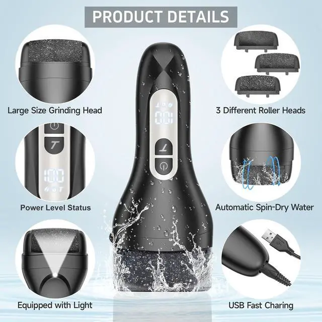 Alt view image 6 of 7 - Electric Foot File Callus Remover, Rechargeable Pedicure Tools Foot Care Kit, Portable Callus Remover Kit with 3 Roller Heads,2 Speed,Battery Display (Black KW)