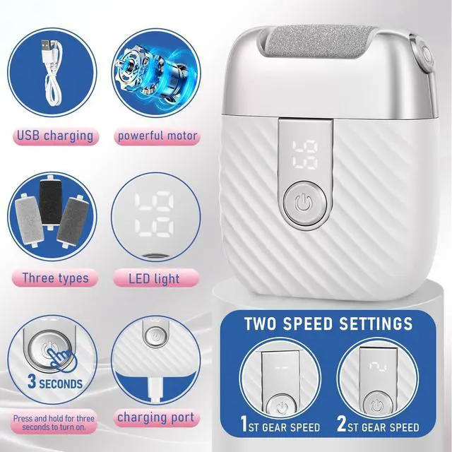 Alt view image 3 of 6 - Electric Foot File with 2 Speeds & LED Display, Rechargeable Callus Remover with 3 Grit Heads (Coarse/Medium/Fine), Pedicure Tools for Feet Hard Skin Smooth Polishing (White)