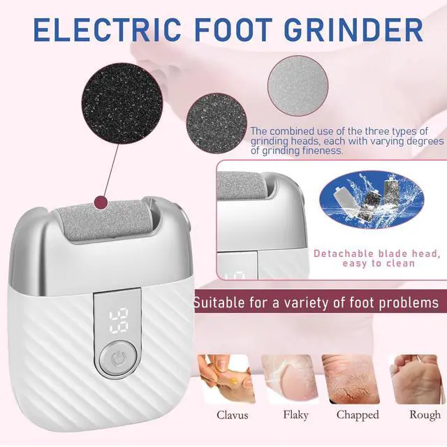 Alt view image 5 of 6 - Electric Foot File with 2 Speeds & LED Display, Rechargeable Callus Remover with 3 Grit Heads (Coarse/Medium/Fine), Pedicure Tools for Feet Hard Skin Smooth Polishing (White)