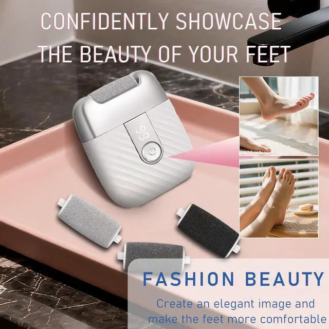 Alt view image 6 of 6 - Electric Foot File with 2 Speeds & LED Display, Rechargeable Callus Remover with 3 Grit Heads (Coarse/Medium/Fine), Pedicure Tools for Feet Hard Skin Smooth Polishing (White)