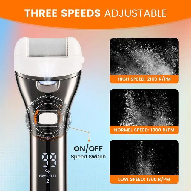 Alt view image 5 of 7 - Electric Foot Callus Remover, Rechargeable Portable Electronic Foot File Pedicure Kit, Pedicure Tools for feet, 3 Roller Heads, 3 Speed, Battery Display for Remove Cracked Heels CallusesBCM-1852