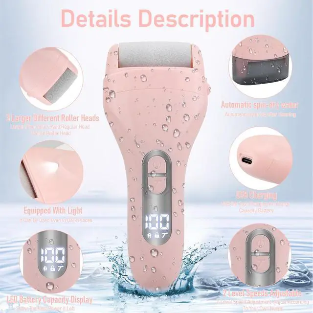Alt view image 3 of 6 - Electric Callus Remover for Feet - with 9pcs Larger Grinding Head, Portable Pedicure Kit Foot File Callus Remover, Rechargeable Waterproof Foot File for Foot Care Deadskin Remover LCD Display-Pink