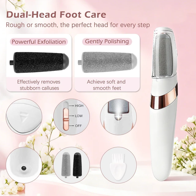 Alt view image 3 of 7 - Rechargeable Electric Callus Remover for Feet, Low-Noise Portable Foot File Callus Remover with 2 Replaceable Rollers, 2 Gears Foot Callus Remover for Smooth Heels at Home or Travel (White)